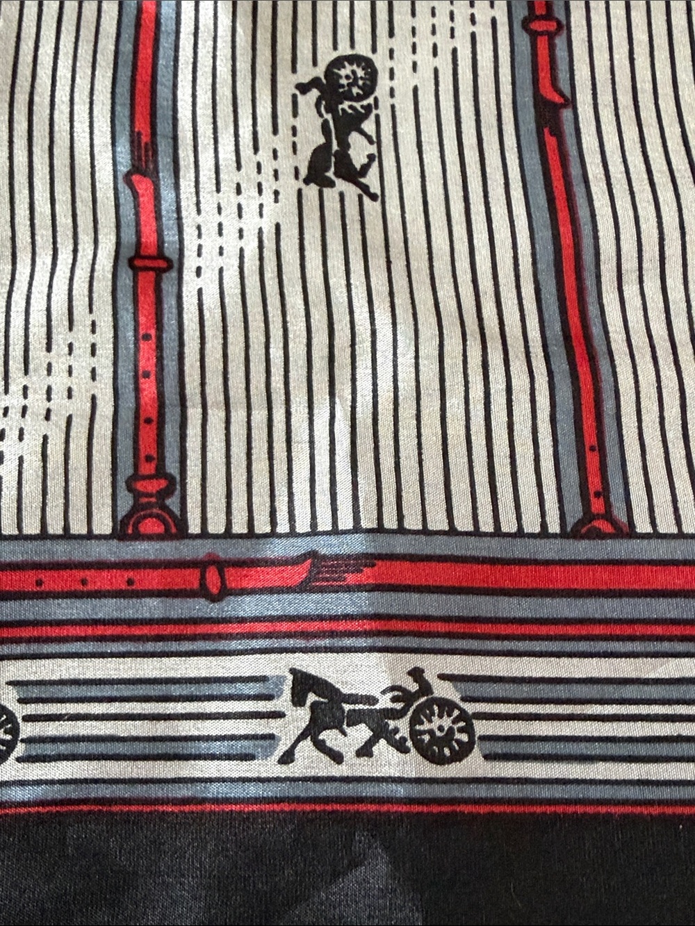Vintage silk scarf Equestrian Horse Chariot Pattern Stripe Black Red White Grey